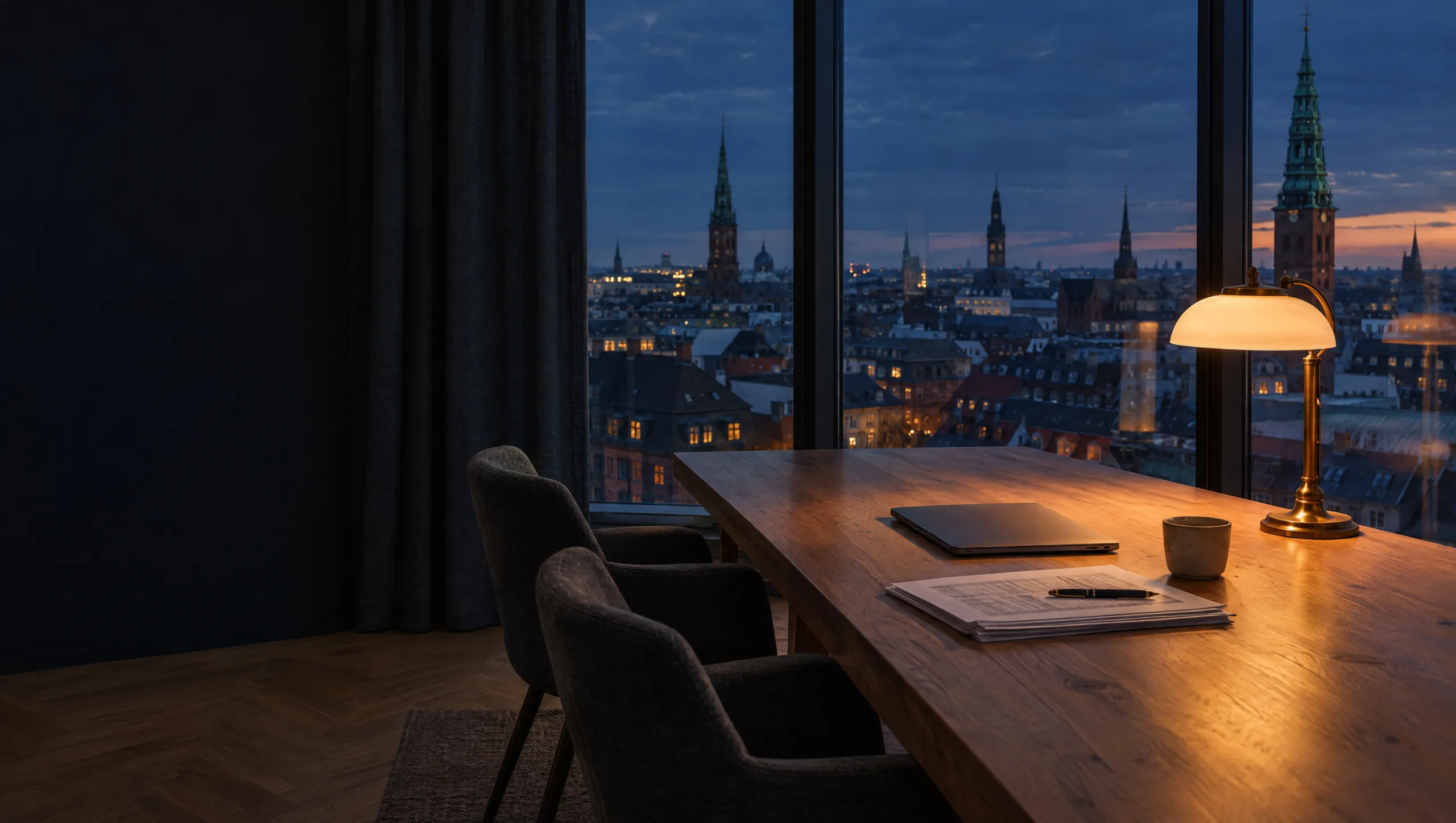 Tomt mødebord med en messinglampe ved et vindue over Københavns tage om aftenen